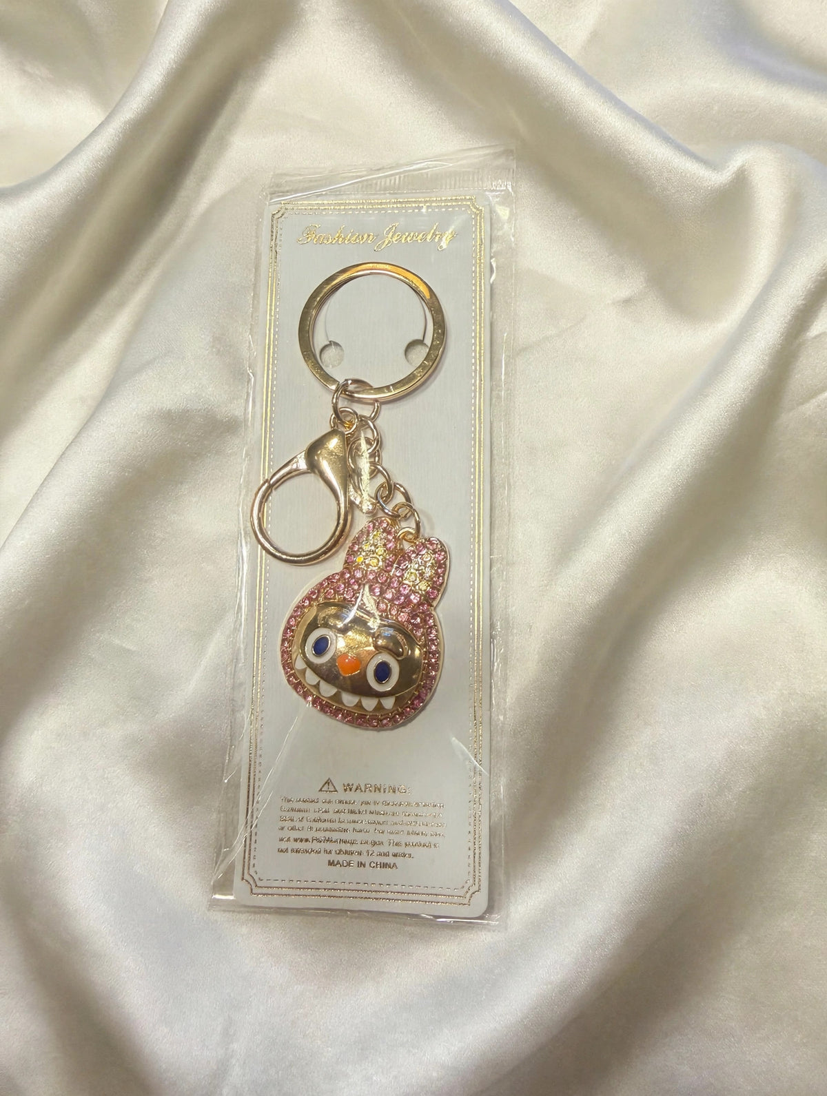 Red Crystal Rhinestone Monster Face Bag Charm Keychain with Lobster Clasp - Sparkly Purse Charm
