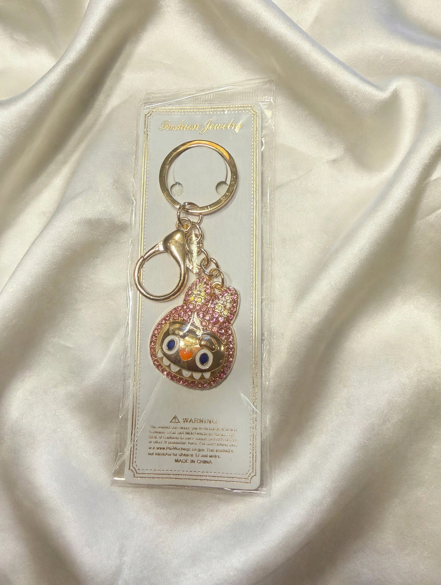 Red Crystal Rhinestone Monster Face Bag Charm Keychain with Lobster Clasp - Sparkly Purse Charm