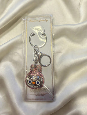 Red Crystal Rhinestone Monster Face Bag Charm Keychain with Lobster Clasp - Sparkly Purse Charm