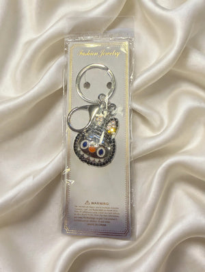 Black Crystal Rhinestone Monster Face Bag Charm Keychain with Lobster Clasp - Sparkly Purse Charm