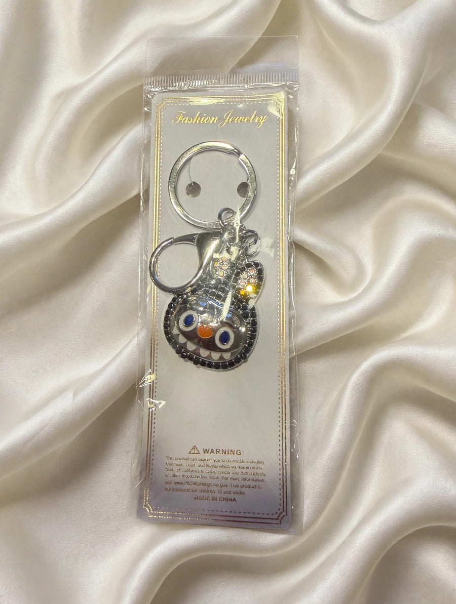 Black Crystal Rhinestone Monster Face Bag Charm Keychain with Lobster Clasp - Sparkly Purse Charm