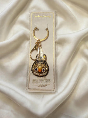 Black Crystal Rhinestone Monster Face Bag Charm Keychain with Lobster Clasp - Sparkly Purse Charm
