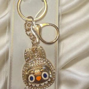 Gold Tone Crystal Rhinestone Monster Face Bag Charm Keychain with Lobster Clasp - Sparkly Purse Charm