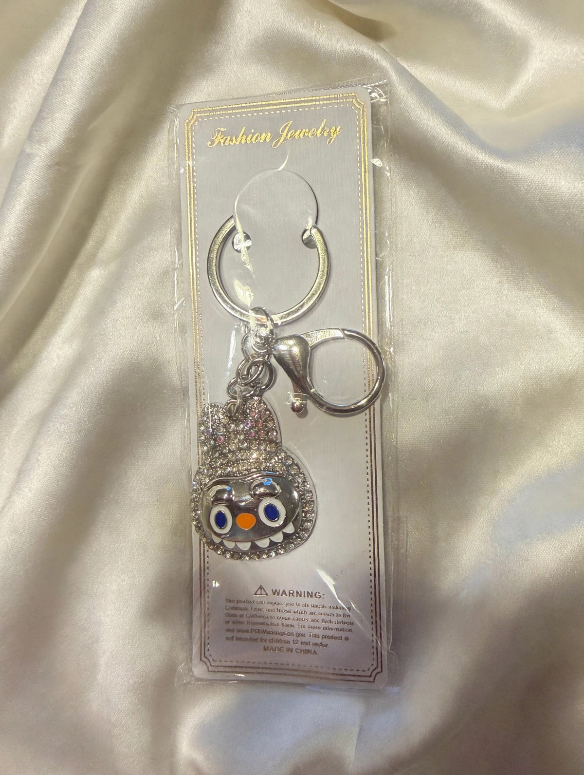 Clear Crystal Rhinestone Monster Face Bag Charm Keychain with Lobster Clasp - Sparkly Purse Charm