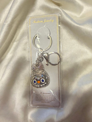 Clear Crystal Rhinestone Monster Face Bag Charm Keychain with Lobster Clasp - Sparkly Purse Charm