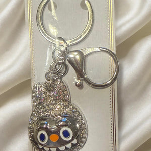 Clear Crystal Rhinestone Monster Face Bag Charm Keychain with Lobster Clasp - Sparkly Purse Charm