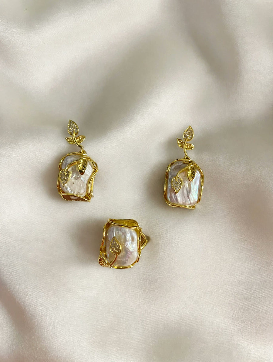 Pearl Earrings + Adjustable Ring Set