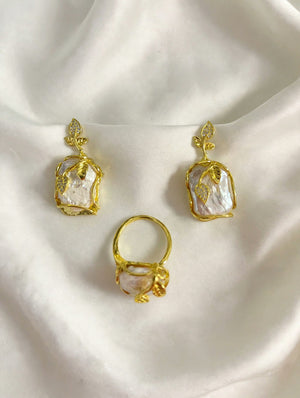 Pearl Earrings + Adjustable Ring Set