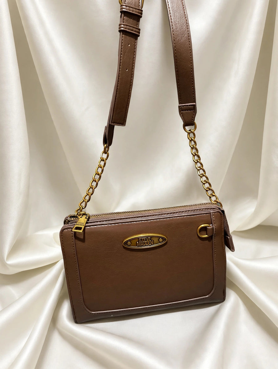 Steve Madden Brown Crossbody Bag Gold Chain Leather Strap Zip