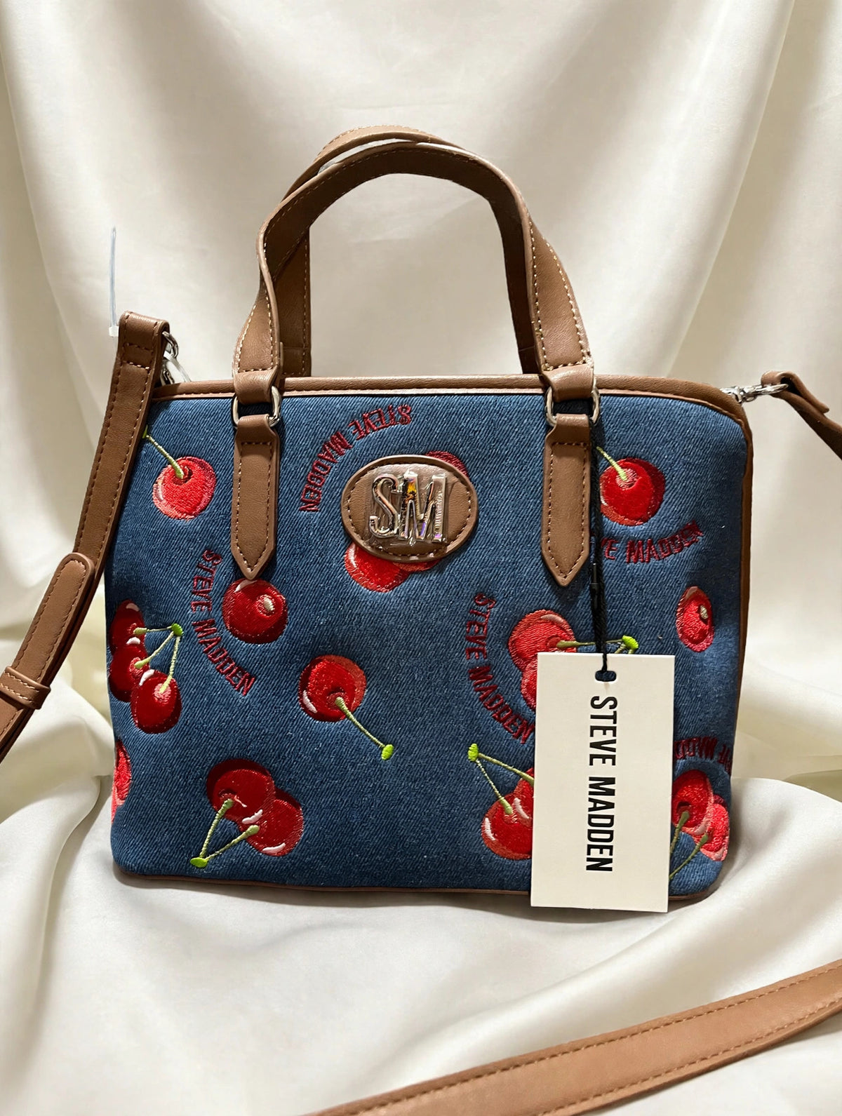 Steve Madden cherry print denim satchel, front view