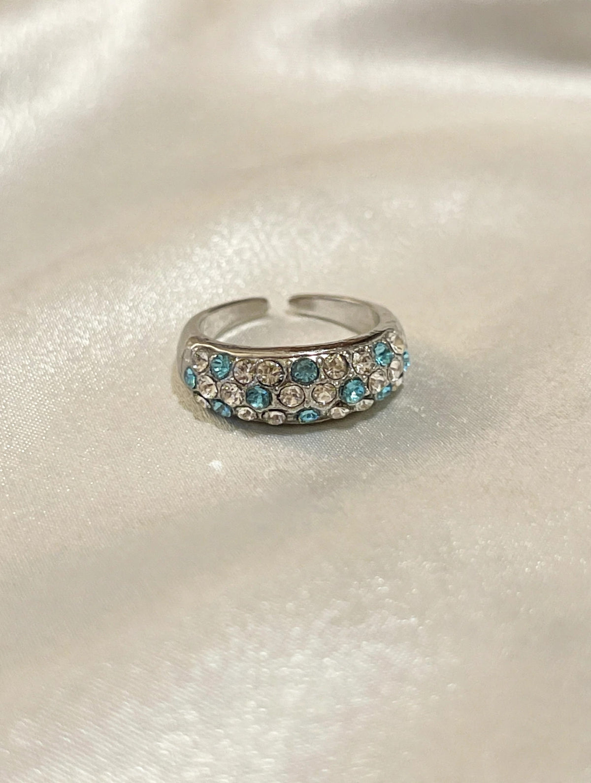 Silver Domed Pave Band Ring, Blue and Clear, Adjustable - photo 1