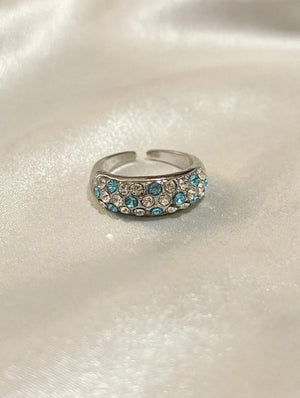 Silver Domed Pave Band Ring, Blue and Clear, Adjustable - photo 1