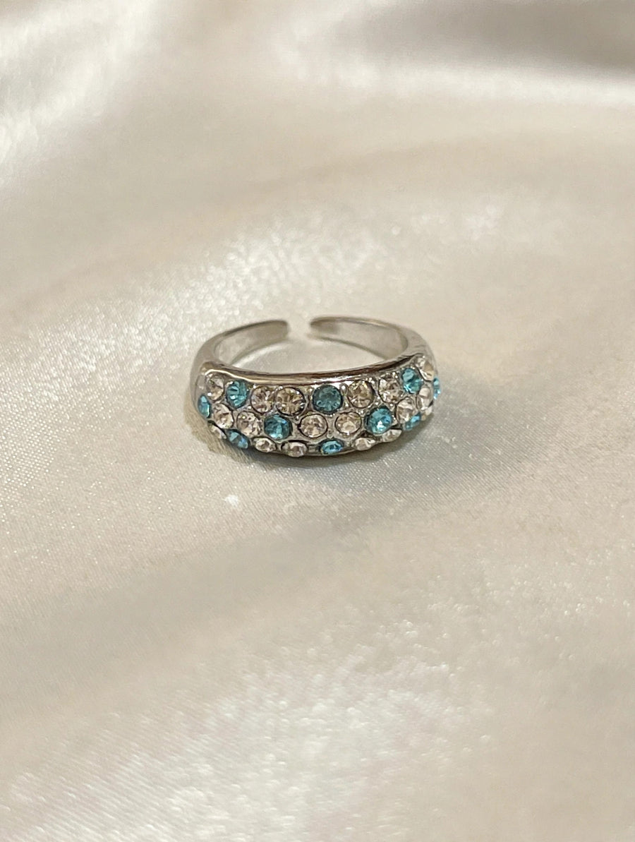 Moissanite Band Ring Women Adjustable Silver Pave Blue Accents