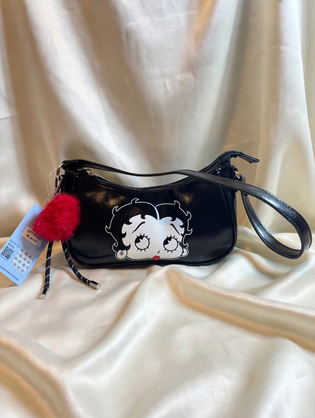Betty Boop Black Shoulder Bag NWT Face Graphic Red Pom Charm