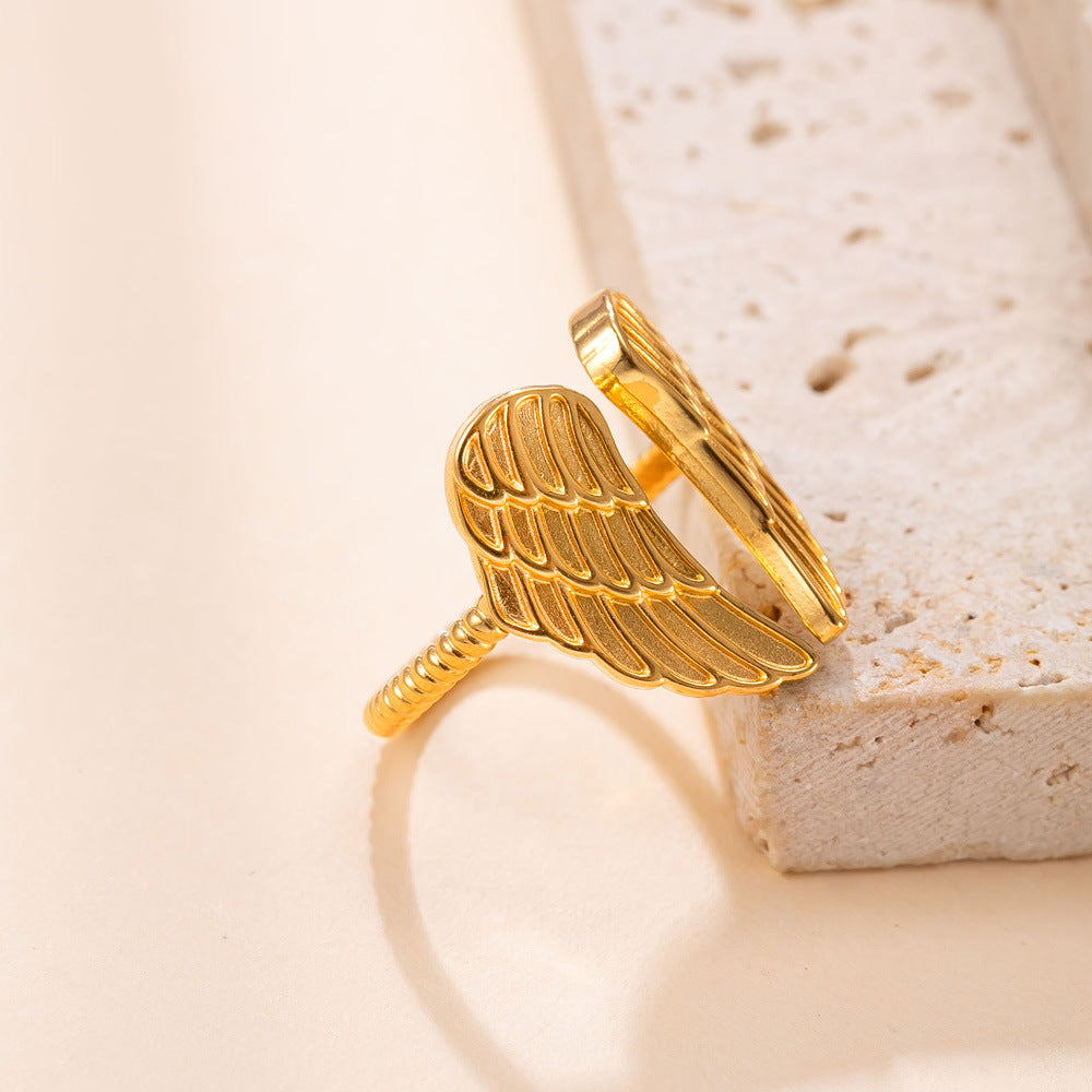 Angel Wing Ring Stainless Steel Adjustable Feather Wing Ring for Women