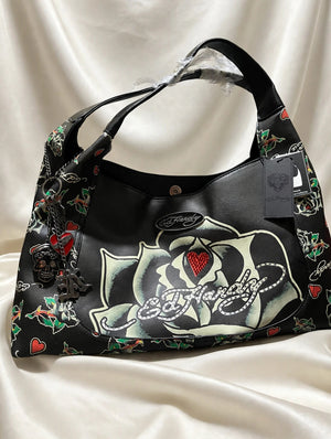 Ed Hardy tattoo hobo back with rose graphic and charms