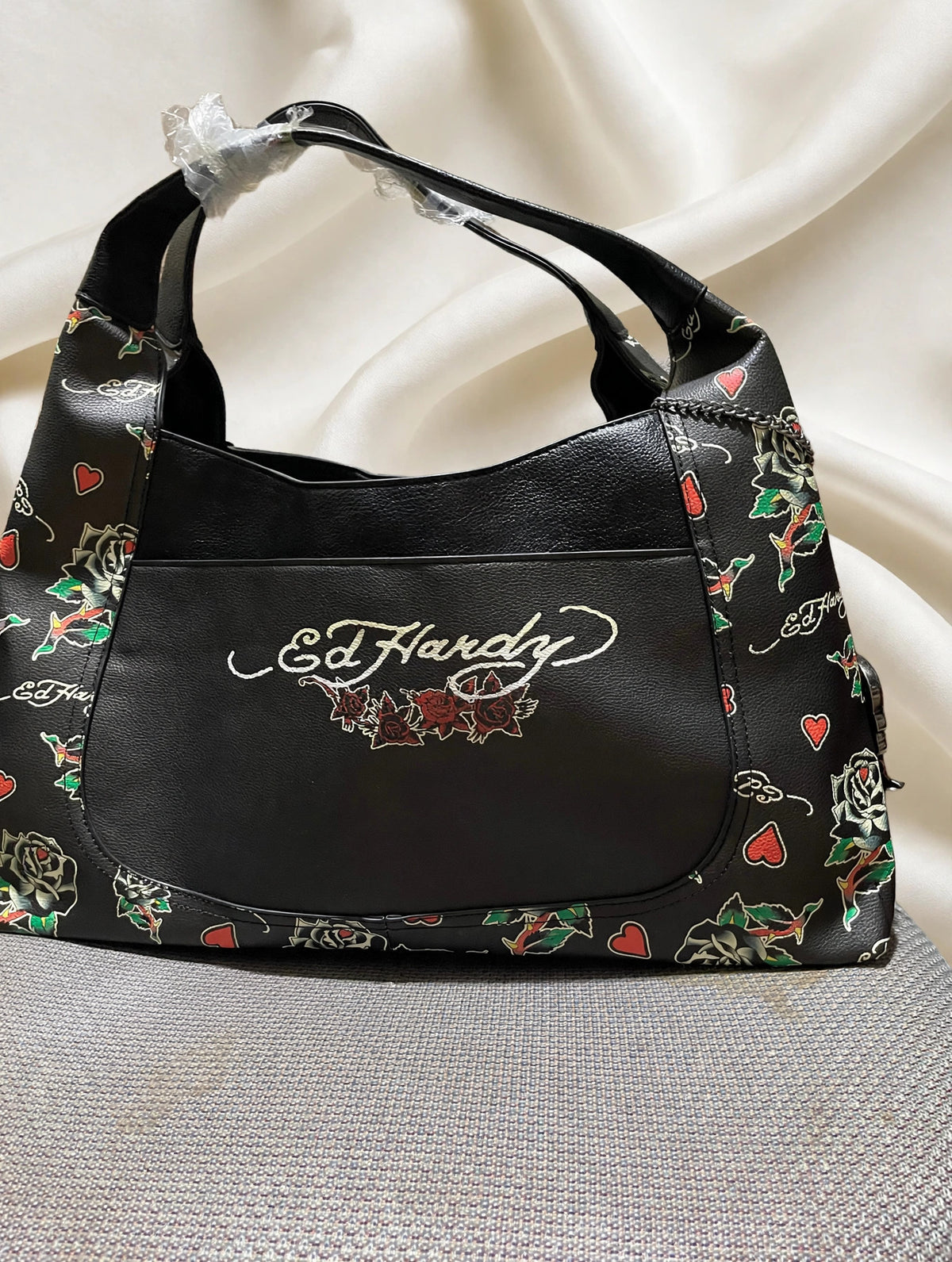 Ed Hardy black tattoo print hobo bag front with script logo