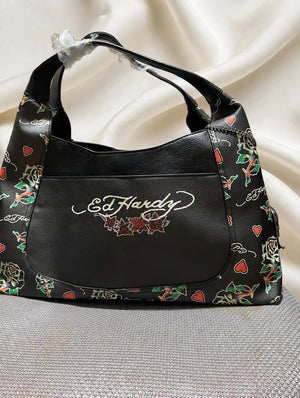Ed Hardy black tattoo print hobo bag front with script logo