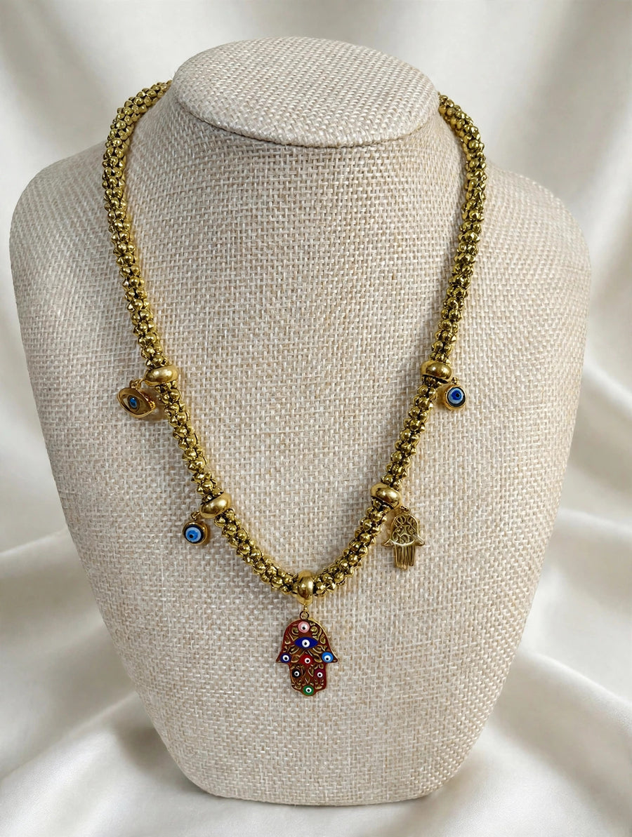 Gold Evil Eye Hamsa Necklace — Popcorn Chain with Blue Eye Charms