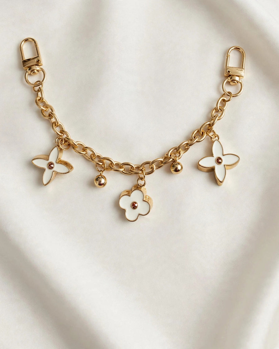 White Enamel Flower Bag Charm Chain – Gold Tone Purse Strap Extender