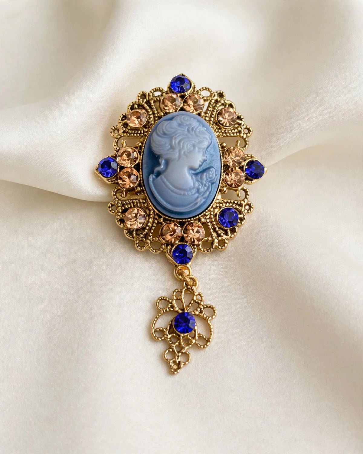 Vintage Blue Cameo Brooch Women's Rhinestone Crystal Victorian Style Pin