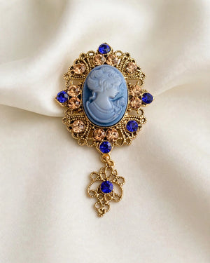 Vintage Blue Cameo Brooch Women's Rhinestone Crystal Victorian Style Pin