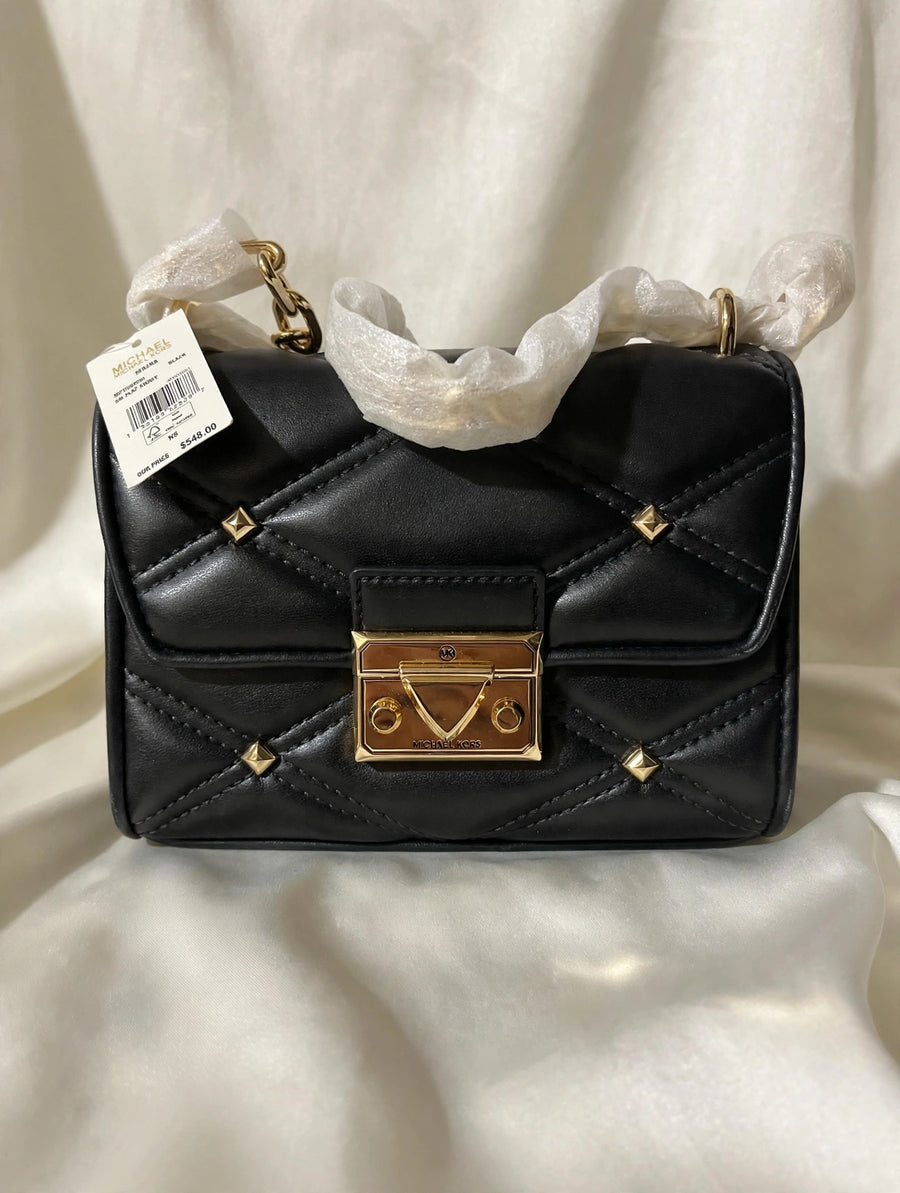 Michael Kors Serena Small Quilted Flap Crossbody Bag Black Gold Chain NWT