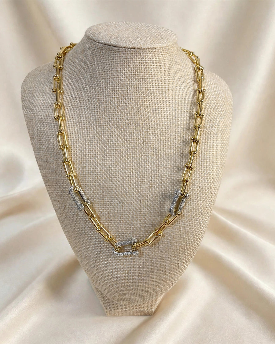 Gold Chunky Paperclip Chain Necklace with 3 Pave Stations — Two-Tone