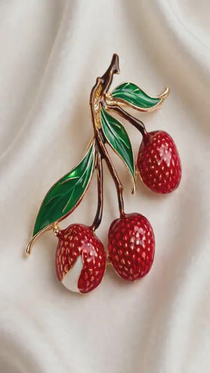 Red Cherry Brooch Pin Women's Crystal Berry Branch Brooch Fruit Jewelry