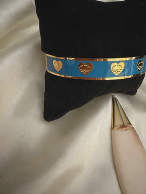Blue Enamel Heart Bangle Bracelet - Gold Tone Cuff Bracelet with Heart Motifs, Colorful Fashion Jewelry Gift for Women