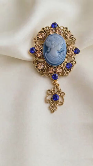 Vintage Blue Cameo Brooch Women's Rhinestone Crystal Victorian Style Pin