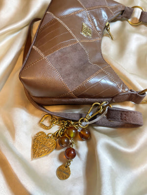 Steve Madden Brown Patchwork Hobo Bag NWT Gold Logo Charm Strap