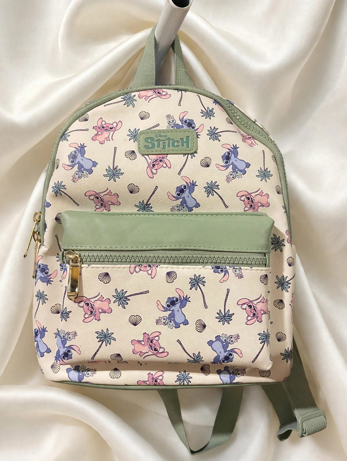 Disney Stitch Mini Backpack NWT - White Angel Print Faux Leather Bag Sage Green Trim, Palm Tree Shell Print