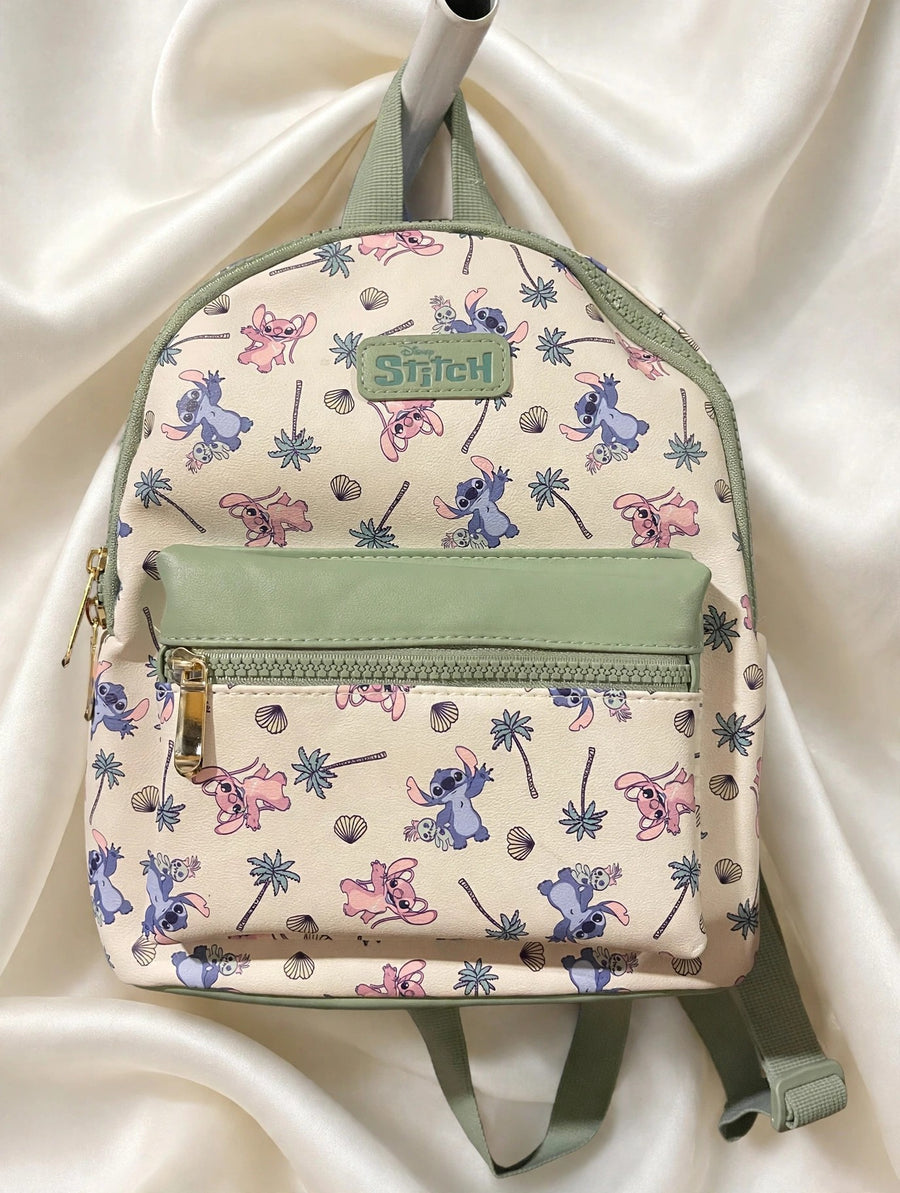 Disney Stitch Mini Backpack NWT - White Angel Print Faux Leather Bag Sage Green Trim, Palm Tree Shell Print