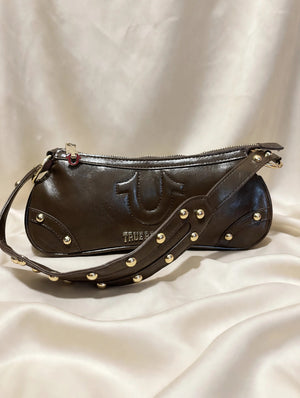 True Religion Brown Studded Shoulder Bag Gold Studs Horseshoe Logo