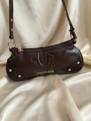 True Religion Brown Studded Shoulder Bag Gold Studs Horseshoe Logo