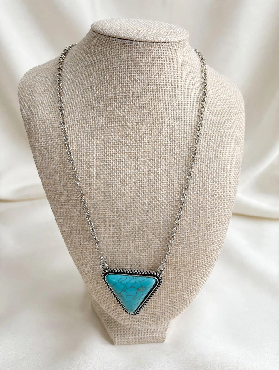 Turquoise Triangle Pendant Necklace — Western Boho Silver-Tone
