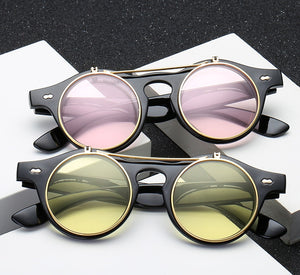 Round SteamPunk Flip Up Sunglasses Double Layer Clamshell