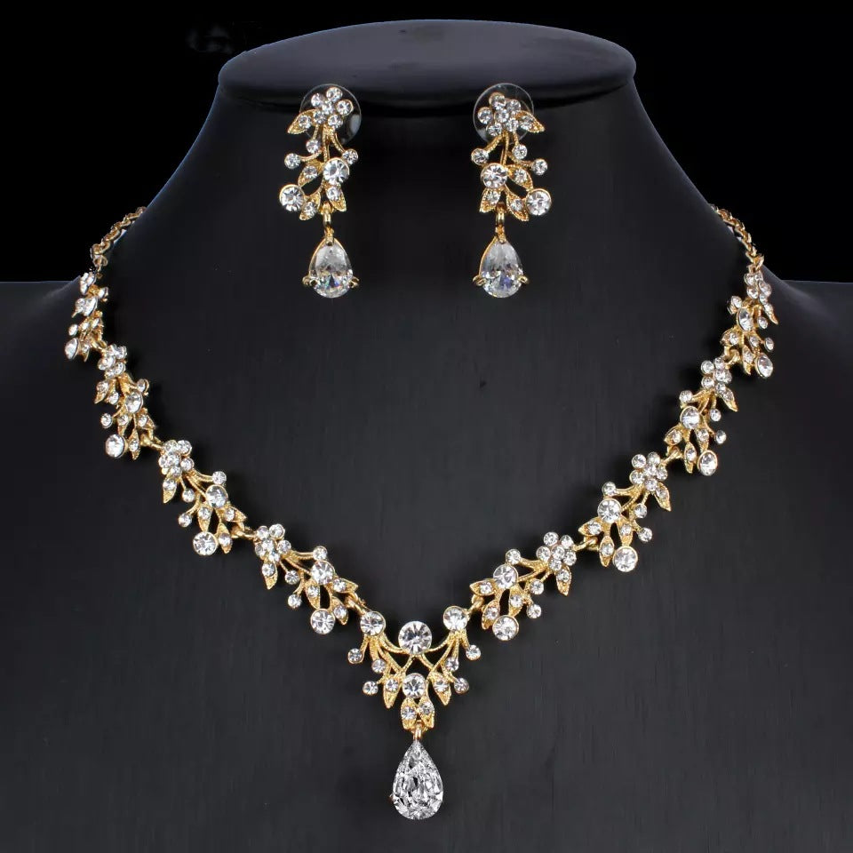 Golden Zircon Jewelry Set Bridal Necklace Earrings Wedding Two-piece Set