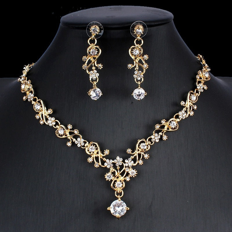 Golden Zircon Jewelry Set Bridal Necklace Earrings Wedding Two-piece Set
