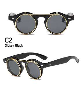 Round SteamPunk Flip Up Sunglasses Double Layer Clamshell