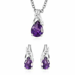 925 Sterling Silver Amethyst Drop Dangle Earrings Chain Necklace Pendant Set 20"