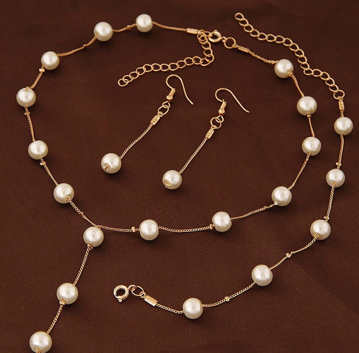 Elegant Pearl Necklace Earrings Bracelet Set