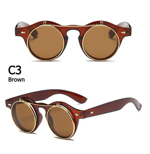 Round SteamPunk Flip Up Sunglasses Double Layer Clamshell