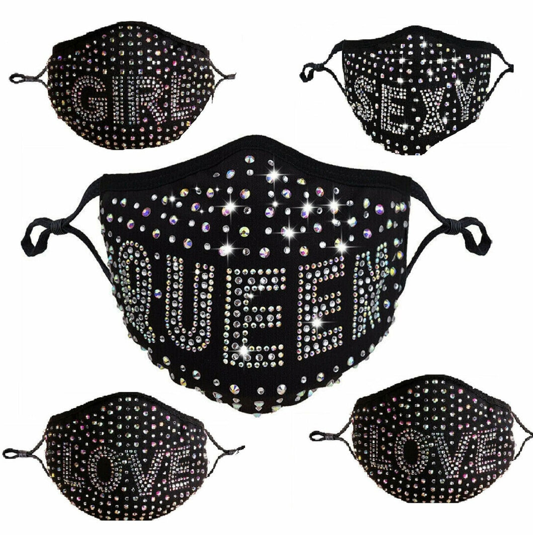 Rhinestone Bling Crystal Queen Face Mask Sparkly Reusable Washable