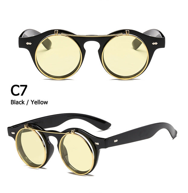 Round SteamPunk Flip Up Sunglasses Double Layer Clamshell