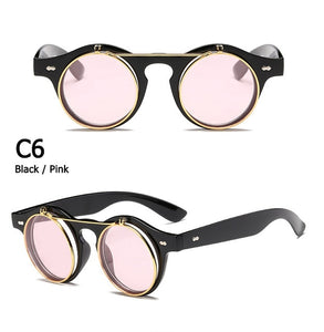 Round SteamPunk Flip Up Sunglasses Double Layer Clamshell