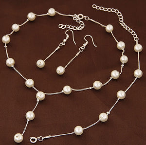 Elegant Pearl Necklace Earrings Bracelet Set