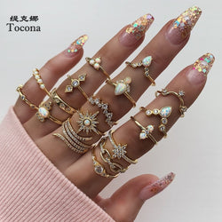 Tocona Boho 17pcs/sets Luxury Clear Crystal Stone Wedding Ring