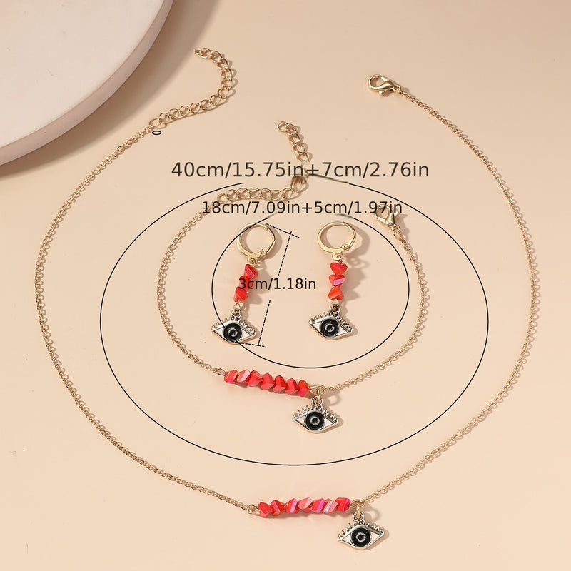 22K Plated 4 Pieces Demon Eye Crystal Jewelry Set Necklace Earrings Bracelet